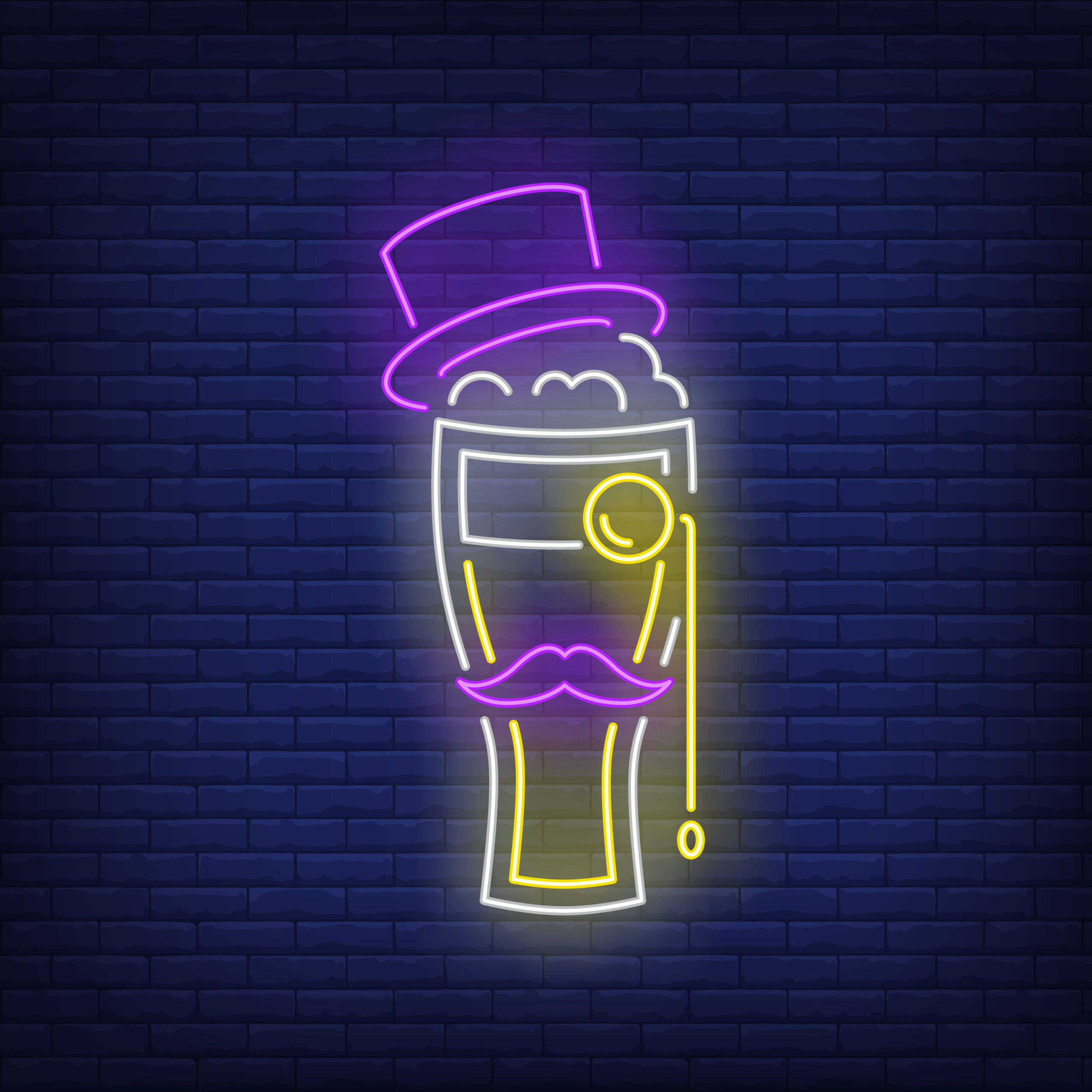 Beer glass with topper hat, moustache and monocle neon sign. Bar, pub, party design. Night bright neon sign, colorful billboard, light banner. Vector illustration in neon style.